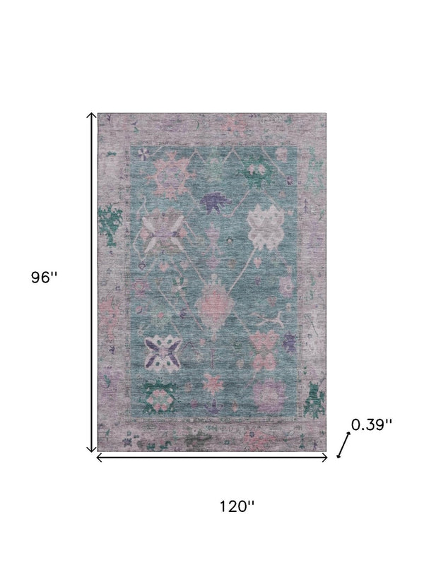 HomeRoots 9' X 12' Colorful Green & Purple Oriental Area Rug - Washable, UV Protection, Non-Slip Backing! 714966
