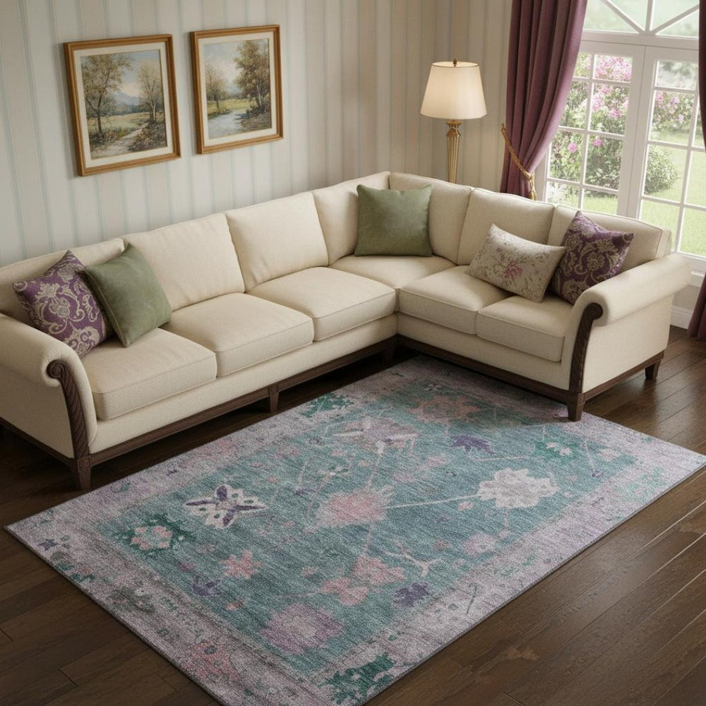 HomeRoots 9' X 12' Colorful Green & Purple Oriental Area Rug - Washable, UV Protection, Non-Slip Backing! 714966