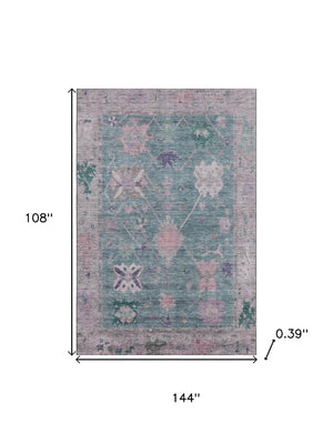 HomeRoots 10' X 14' Green & Purple Oriental Area Rug with UV Protection - Washable, Durable, Non-Slip Design! 714967