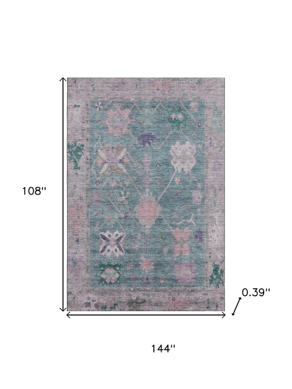 HomeRoots 10' X 14' Green & Purple Oriental Area Rug with UV Protection - Washable, Durable, Non-Slip Design! 714967