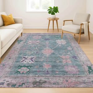 HomeRoots 10' X 14' Green & Purple Oriental Area Rug with UV Protection - Washable, Durable, Non-Slip Design! 714967