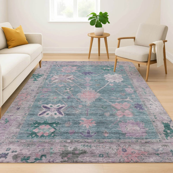 HomeRoots 10' X 14' Green & Purple Oriental Area Rug with UV Protection - Washable, Durable, Non-Slip Design! 714967