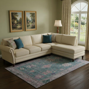 HomeRoots 10' X 14' Green & Purple Oriental Area Rug with UV Protection - Washable, Durable, Non-Slip Design! 714967