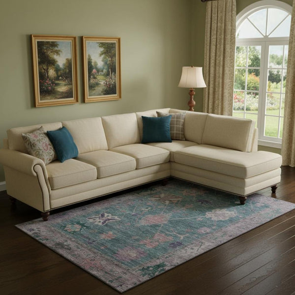 HomeRoots 10' X 14' Green & Purple Oriental Area Rug with UV Protection - Washable, Durable, Non-Slip Design! 714967