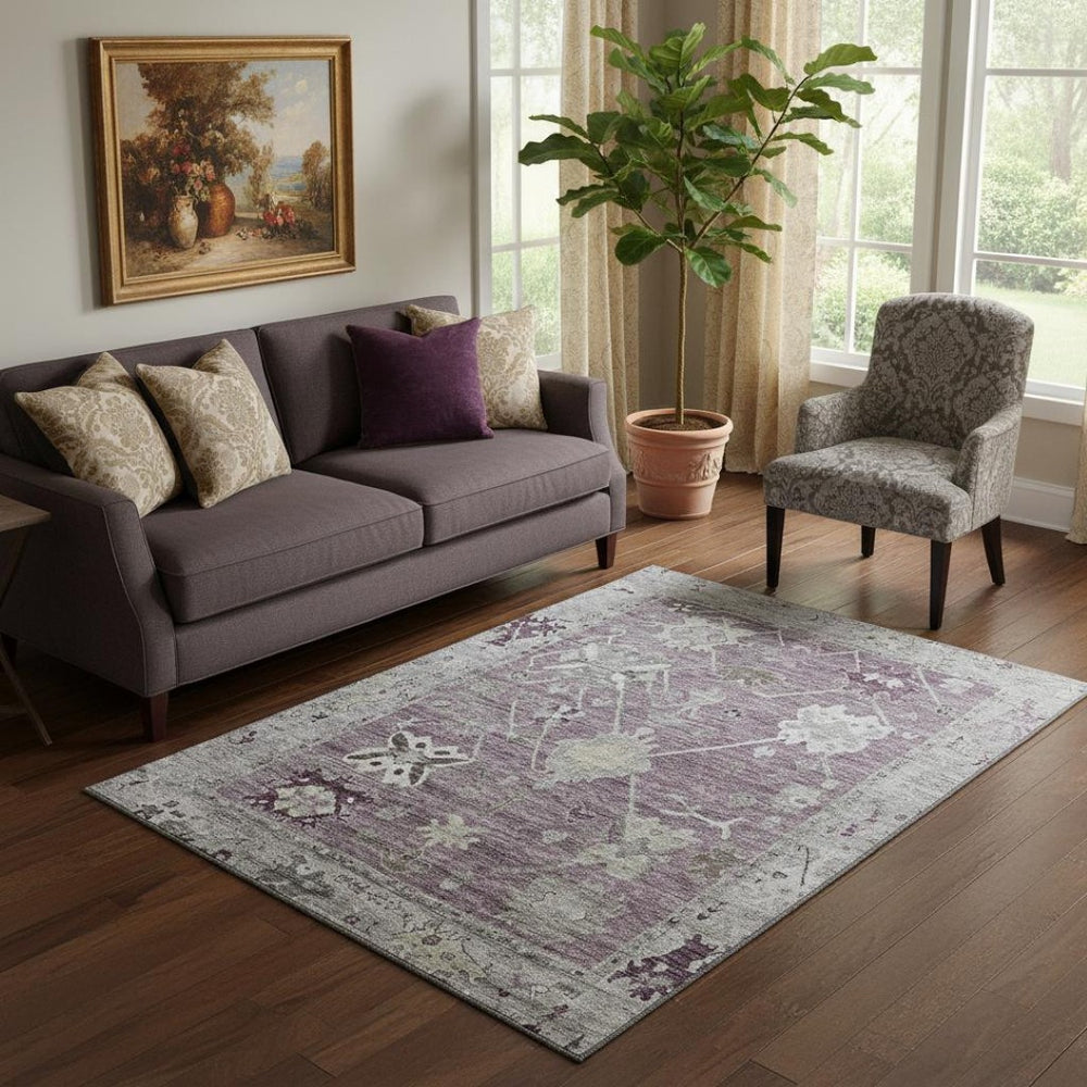 HomeRoots 8' Elegant Merlot and Gray Oriental Round Rug – Washable, UV Protected, Non-Slip for Family Homes 714970