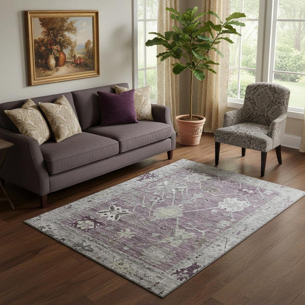 HomeRoots 8' Elegant Merlot and Gray Oriental Round Rug – Washable, UV Protected, Non-Slip for Family Homes 714970