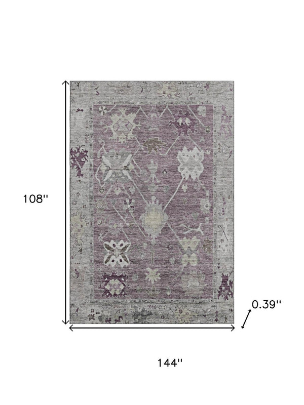 HomeRoots 10' x 14' Merlot and Gray Washable Oriental Area Rug with UV Protection for Busy Homes & Pets 714973