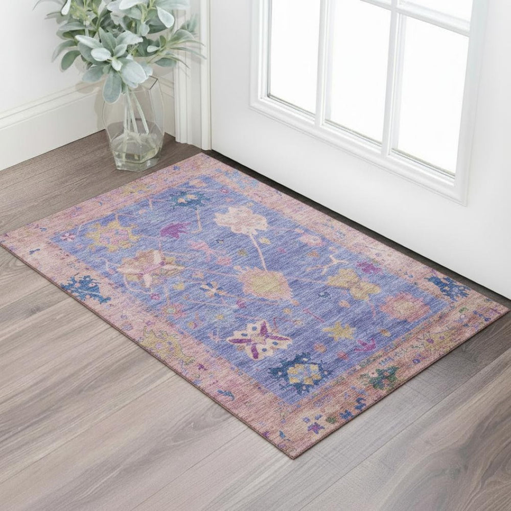 HomeRoots 5' Purple and Blue Oriental Area Rug - Washable, Stain Resistant, UV Protected for Family Homes 714975