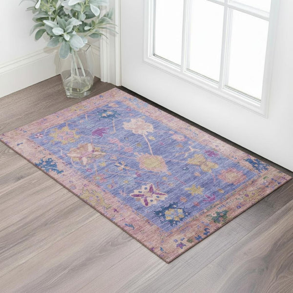 HomeRoots 5' Purple and Blue Oriental Area Rug - Washable, Stain Resistant, UV Protected for Family Homes 714975