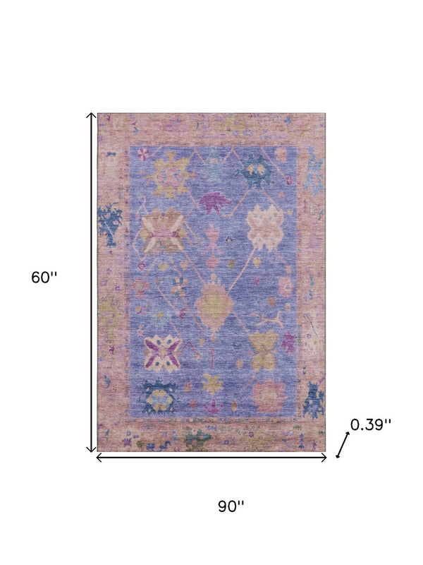 HomeRoots 8' Purple and Blue Oriental Washable Round Rug - UV Protected, Stain Resistant, Perfect for Families 714976