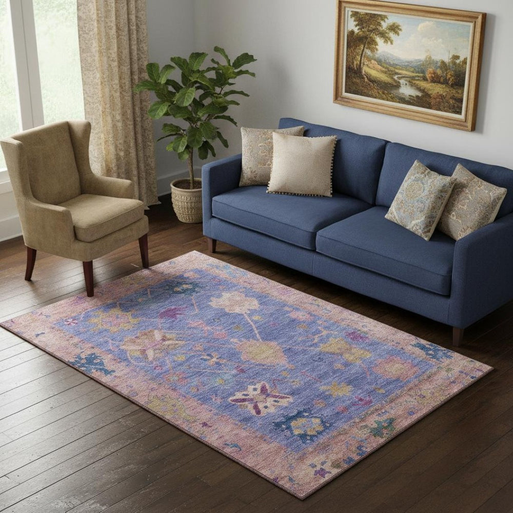 HomeRoots 8' Purple and Blue Oriental Washable Round Rug - UV Protected, Stain Resistant, Perfect for Families 714976