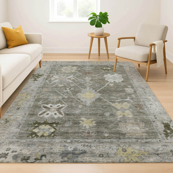 HomeRoots 8' Pewter and Gray Round Oriental Rug - Durable, Washable Design with UV Protection for Busy Homes 714982