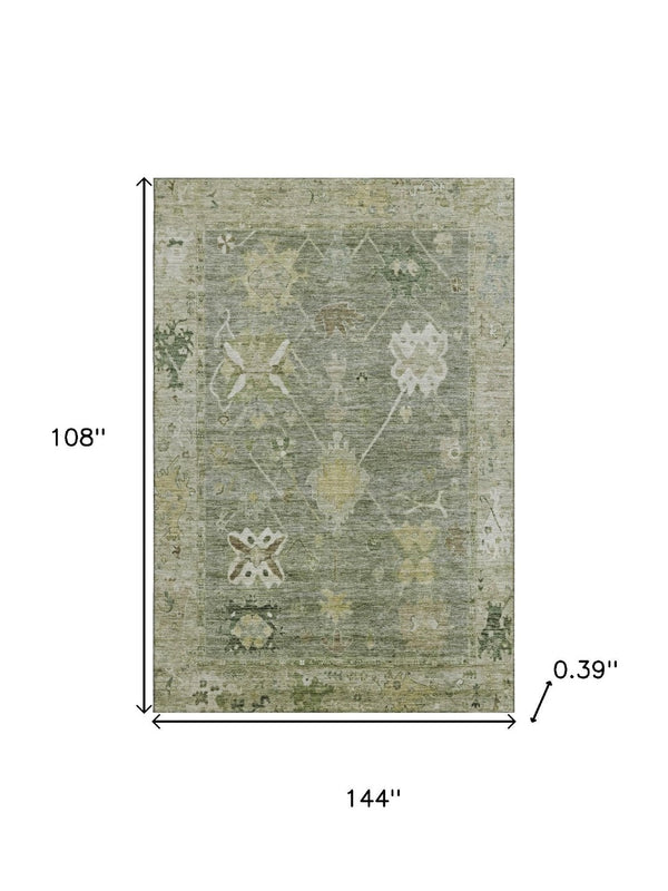 HomeRoots 10' X 14' Sage & Beige Oriental Area Rug - Machine Washable, UV Protection, Stain Resistant Comfort 714991