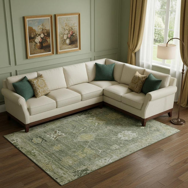 HomeRoots 10' X 14' Sage & Beige Oriental Area Rug - Machine Washable, UV Protection, Stain Resistant Comfort 714991