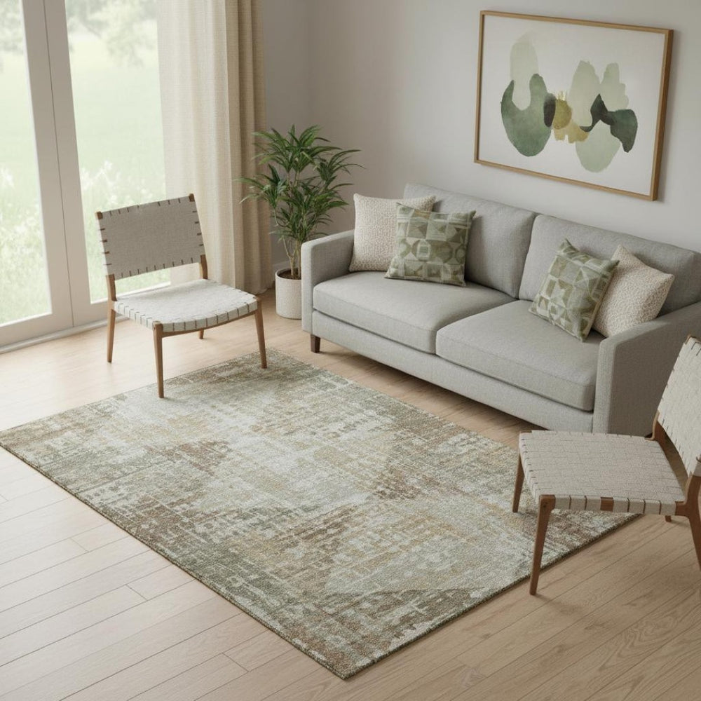 HomeRoots 8' Sage and Beige Geometric Washable Round Rug - Durable, Stain-Resistant, UV Protected, Soft Style 714994