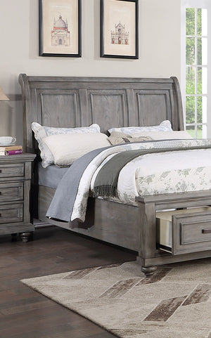 English Elm Eastern King Sleigh Bed with Underbed Storage Drawers Gray Vintage 3-Panel Headboard 94x81x57" B011S01401