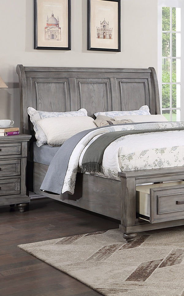 English Elm Queen Sleigh Bed with Underbed Drawers Gray Vintage Transitional 3-Panel Headboard Storage Classic Elegance B011S01399