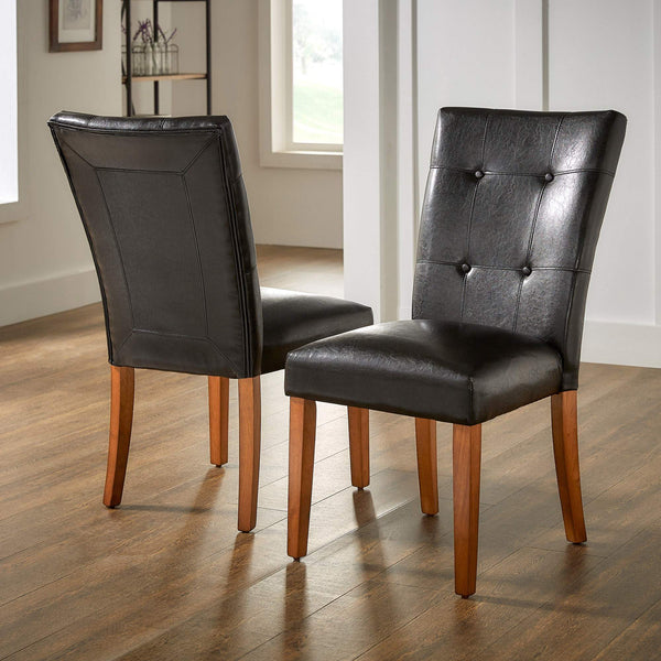 Tufted Faux Leather Dining Chair Solid Wood Cherry Finish Set of 2