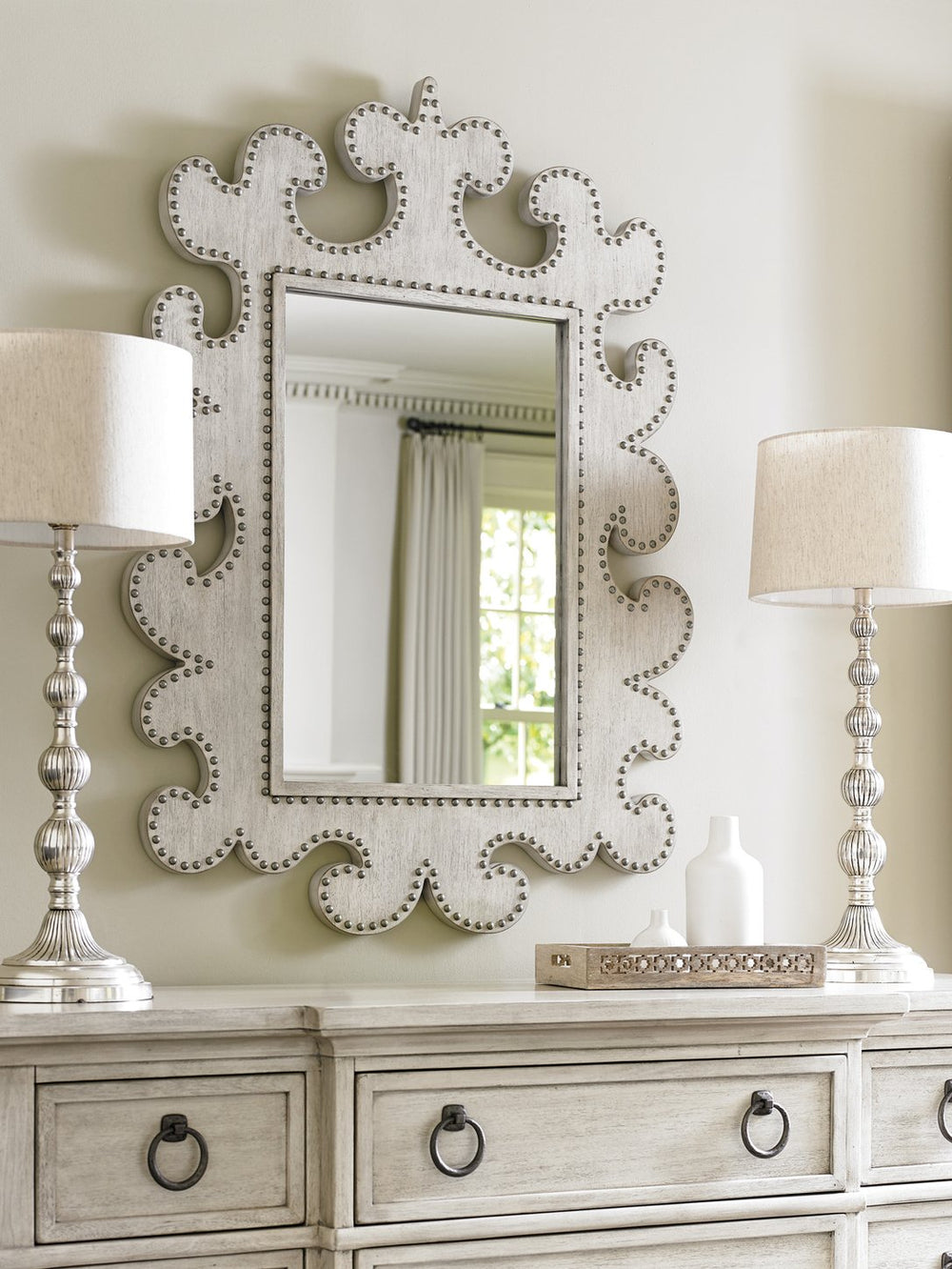Lexington Hempstead Vertical Mirror - Elegant Scrolled Frame With Nailhead Trim And Sophisticated Oyster Finish Oyster  714-203