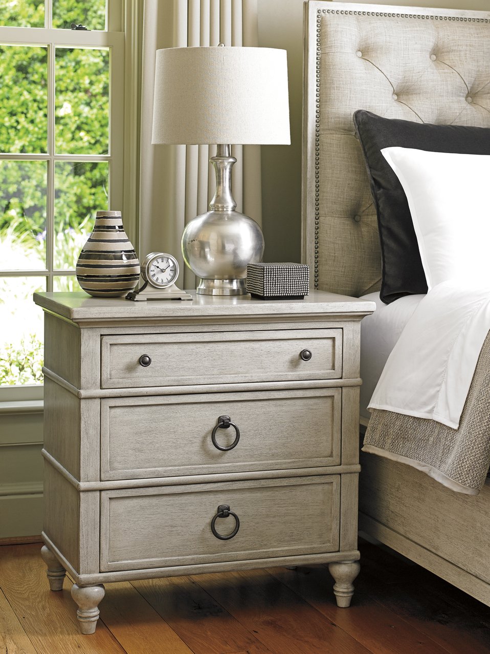 Lexington Cedarhurst Nightstand: Elegant Storage Solution With Custom Hardware And Graceful Turned Legs Oyster  714-621