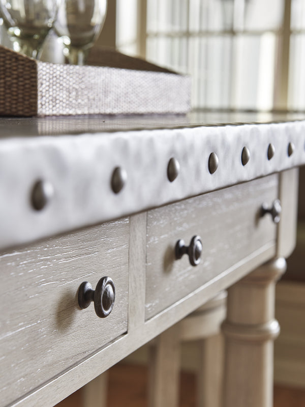 Lexington Hidden Lake Bistro Table - Elegant Transitional Design With Burnished Stainless Steel Top & Drawers Oyster  714-873