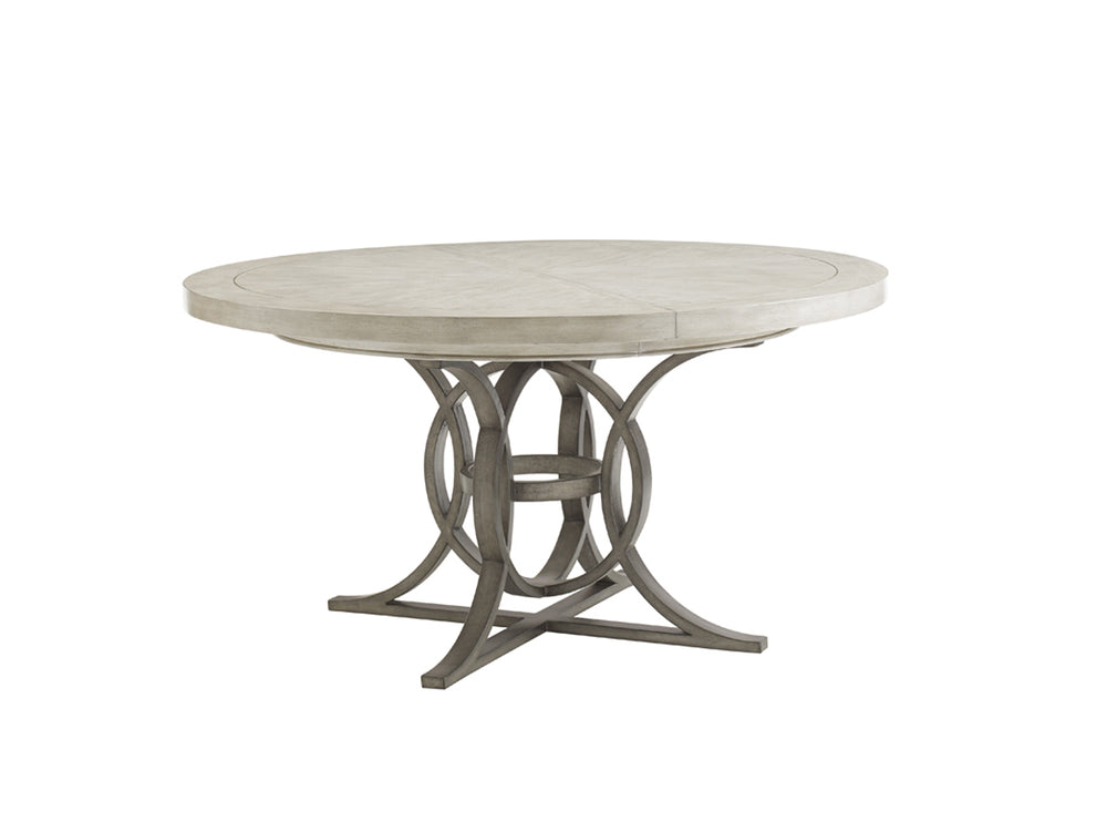 Lexington Calerton Round Dining Table - Casual Luxury With Distressed Mahogany, Antique Pewter Base & Leaf Extension Oyster  714-875c
