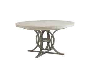 Lexington Calerton Round Dining Table - Casual Luxury With Distressed Mahogany, Antique Pewter Base & Leaf Extension Oyster  714-875c