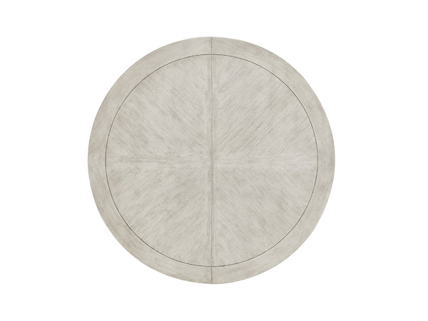 Lexington Calerton Round Dining Table - Casual Luxury With Distressed Mahogany, Antique Pewter Base & Leaf Extension Oyster  714-875c