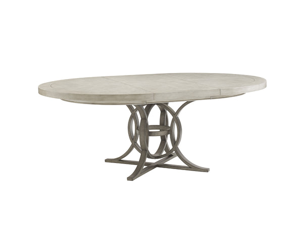 Lexington Calerton Round Dining Table - Casual Luxury With Distressed Mahogany, Antique Pewter Base & Leaf Extension Oyster  714-875c