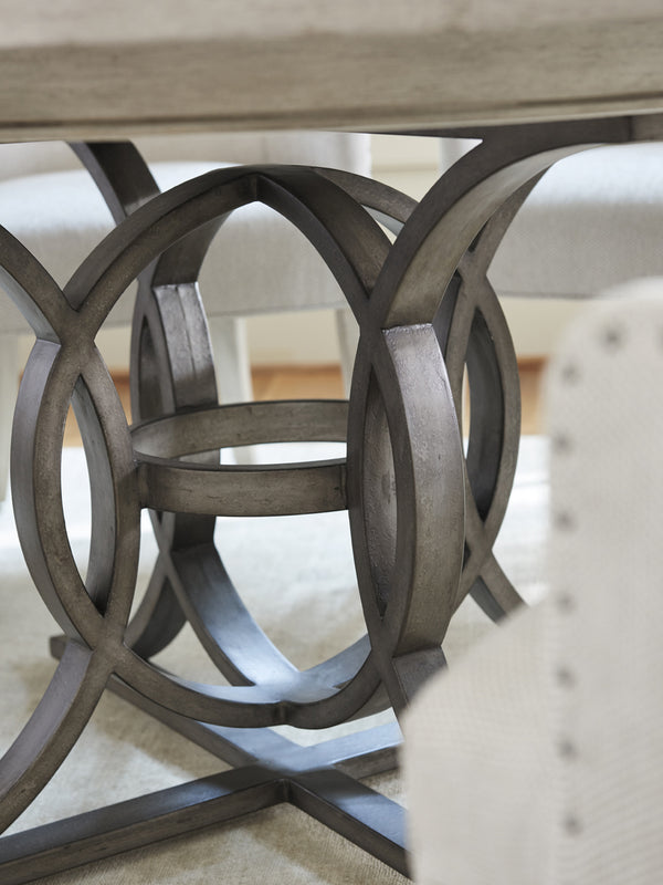 Lexington Calerton Round Dining Table - Casual Luxury With Distressed Mahogany, Antique Pewter Base & Leaf Extension Oyster  714-875c