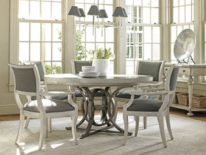 Lexington Calerton Round Dining Table - Casual Luxury With Distressed Mahogany, Antique Pewter Base & Leaf Extension Oyster  714-875c