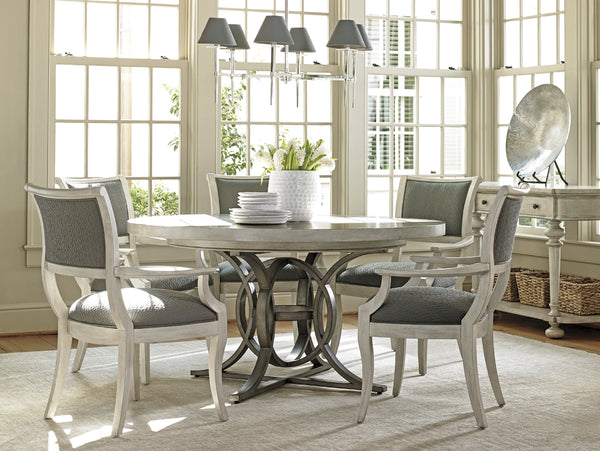 Lexington Calerton Round Dining Table - Casual Luxury With Distressed Mahogany, Antique Pewter Base & Leaf Extension Oyster  714-875c