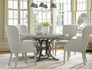 Lexington Calerton Round Dining Table - Casual Luxury With Distressed Mahogany, Antique Pewter Base & Leaf Extension Oyster  714-875c