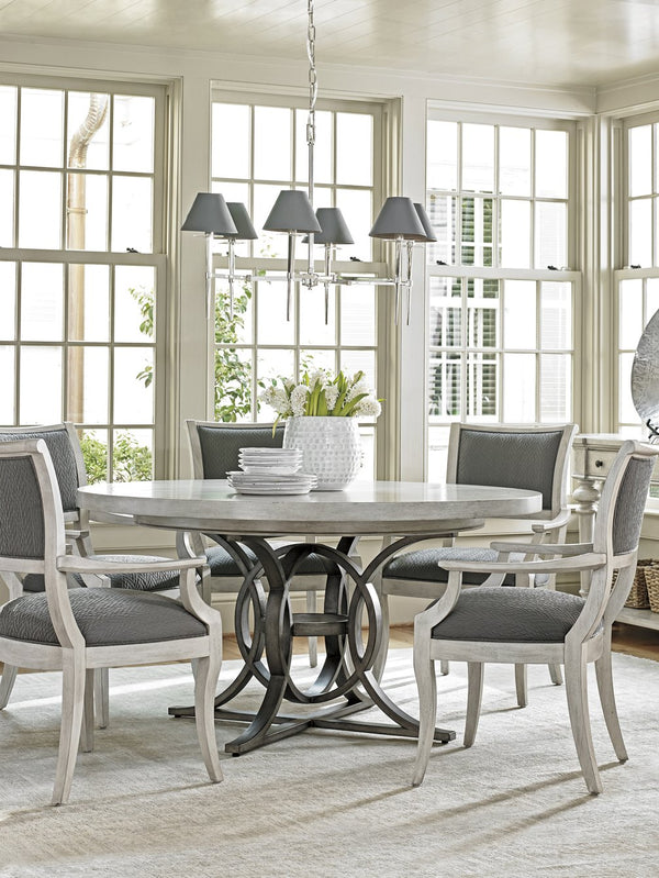 Lexington Calerton Round Dining Table - Casual Luxury With Distressed Mahogany, Antique Pewter Base & Leaf Extension Oyster  714-875c
