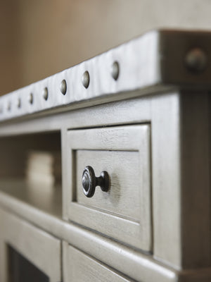 Lexington Shadow Valley Media Console: Elegant Design With Stainless Steel Top, Adjustable Shelves & Storage Solutions Oyster  714-907