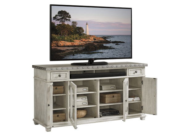 Lexington Shadow Valley Media Console: Elegant Design With Stainless Steel Top, Adjustable Shelves & Storage Solutions Oyster  714-907