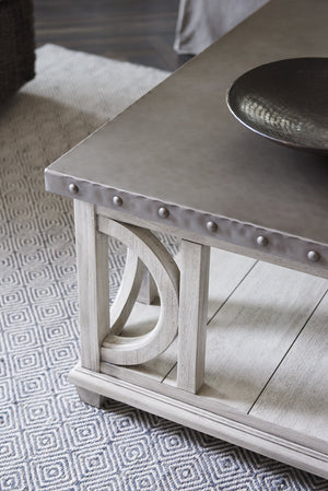 Lexington Litchfield Square Cocktail Table - Casual Sophistication With Burnished Steel Top And Antique Hardware Oyster  714-945