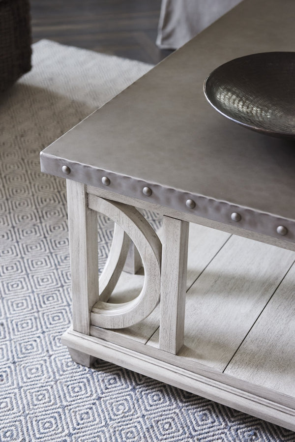 Lexington Litchfield Square Cocktail Table - Casual Sophistication With Burnished Steel Top And Antique Hardware Oyster  714-945