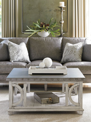 Lexington Litchfield Square Cocktail Table - Casual Sophistication With Burnished Steel Top And Antique Hardware Oyster  714-945