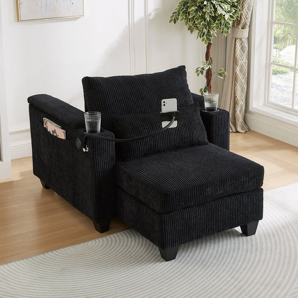 English Elm Convertible Chaise Lounge With Usb Ports, Cup Holders & Storage – Stylish Multi-Functional Sofa Chair N719S002021B