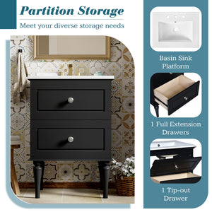 English Elm 24'' French-Style Bathroom Vanity with Ceramic Sink, Black Long Legs, 2 Drawers, Moisture-Resistant Elegance N710P195621B