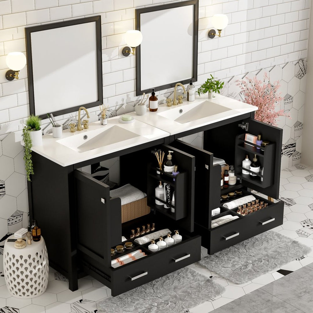 English Elm Modern 48 Inch Freestanding Bathroom Vanity Dual Ceramic Sinks Soft Close Gold Handles Black N729P000001B