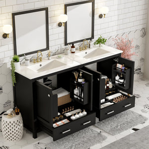 English Elm Modern 48 Inch Freestanding Bathroom Vanity Dual Ceramic Sinks Soft Close Gold Handles Black N729P000001B