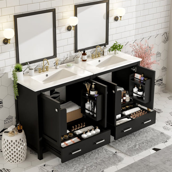 English Elm Modern 48 Inch Freestanding Bathroom Vanity Dual Ceramic Sinks Soft Close Gold Handles Black N729P000001B