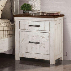 English Elm Plank Distressed White Transitional Nightstand 2-Drawer Solid Wood Bedside Table with Brass Arch Pulls and Felt-Lined French Dovetail Drawers B011P378480