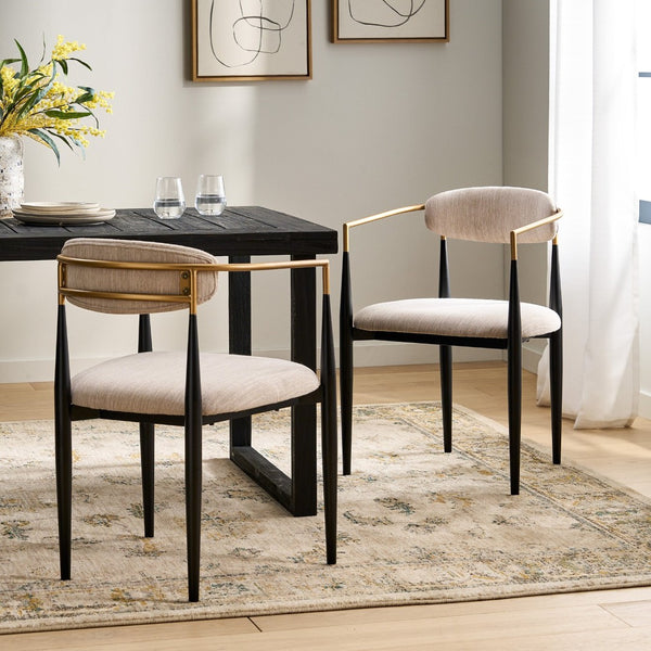 English Elm Dining Arm Chairs Set of 2 Gold Accent Iron Frame Upholstered Modern Minimalist N771P392272A