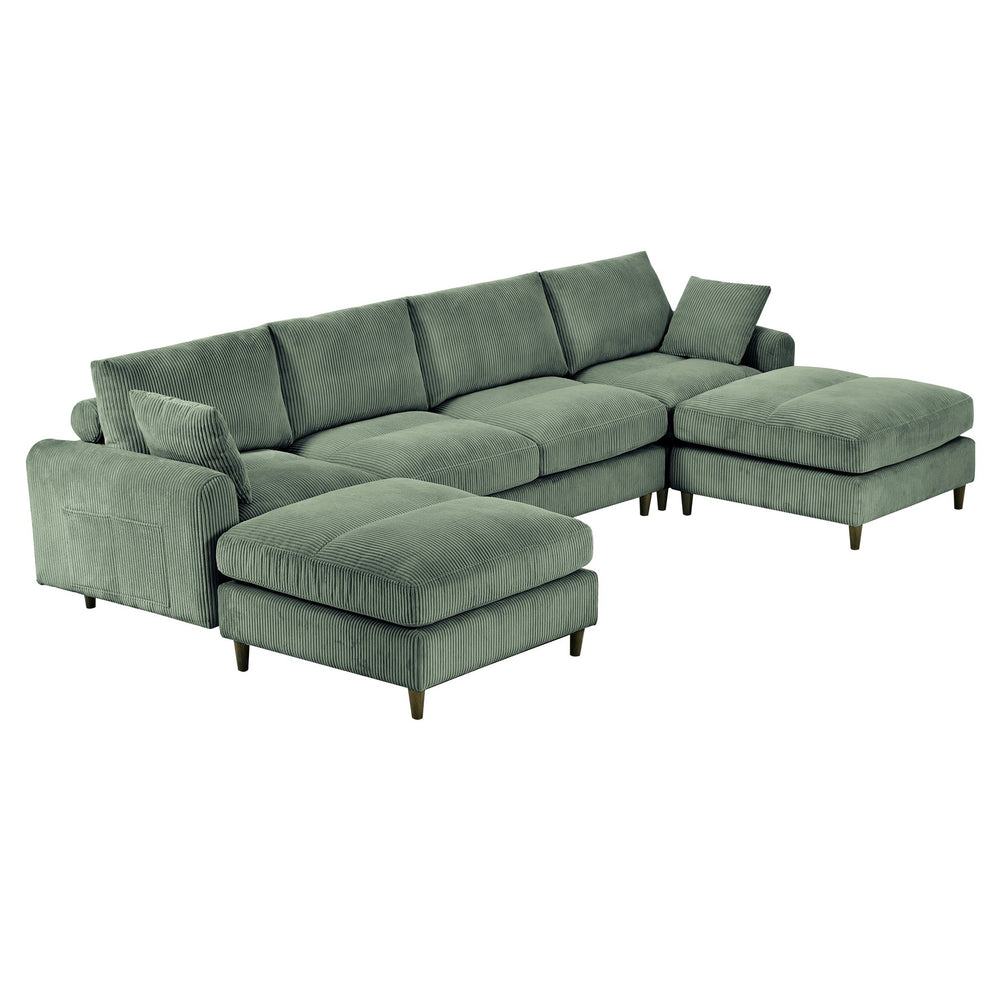 English Elm Modern corduroy modular sectional sofa U‑ or L‑shape convertible oversized seating with storage pockets adjustable headrests Olive Green W2121S00010