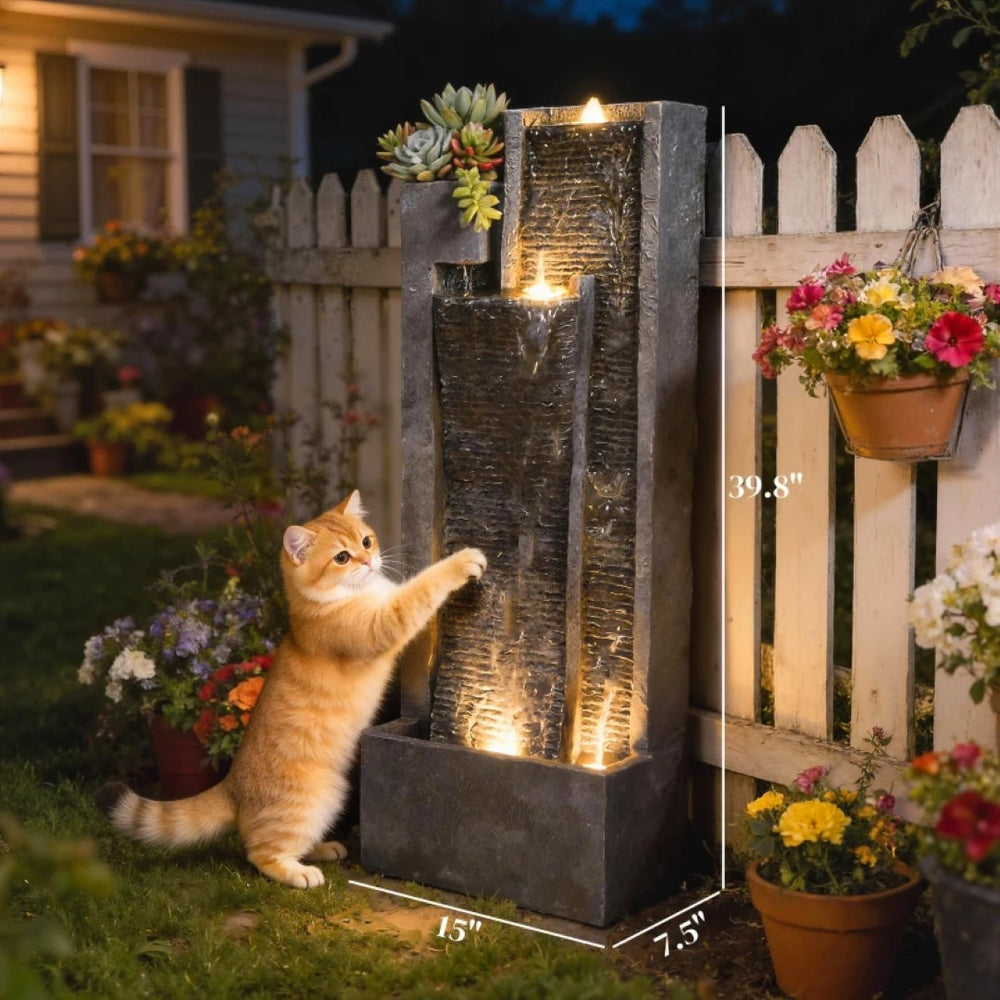 English Elm Outdoor Three Tier Cascading Resin Fountain with Led Lights and Built in Planter T3971P476908