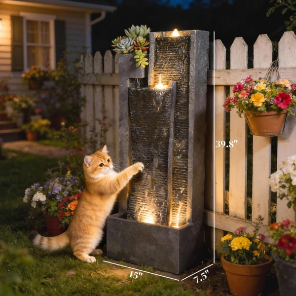 English Elm Outdoor Three Tier Cascading Resin Fountain with Led Lights and Built in Planter T3971P476908