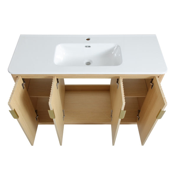 English Elm 48 Inch Freestanding Vanity Natural Wood Grain Four Door Storage Gold Pulls Ceramic Sink W3235S00006